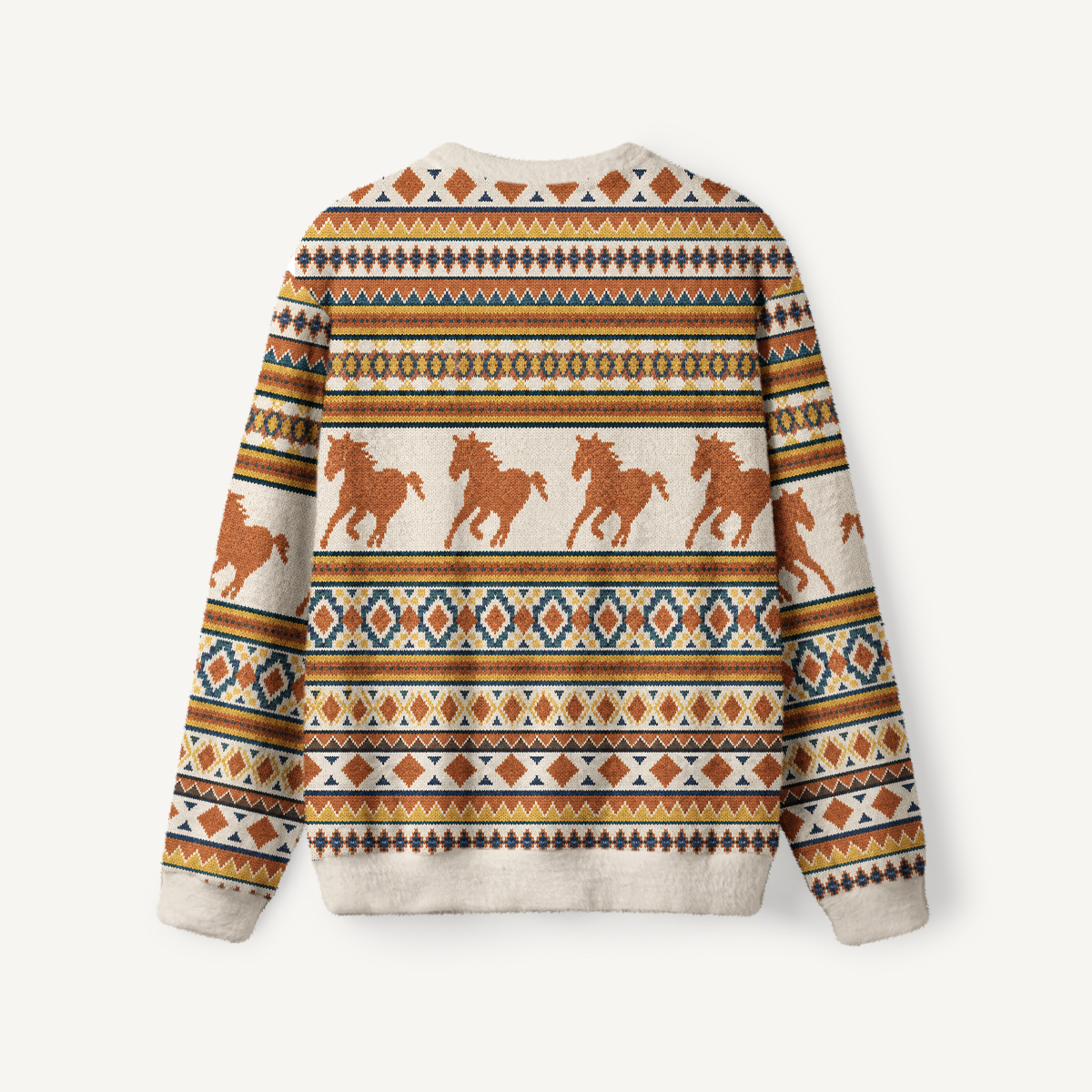 Running Horses Geometric Pattern Fuzzy Crewneck Sweater
