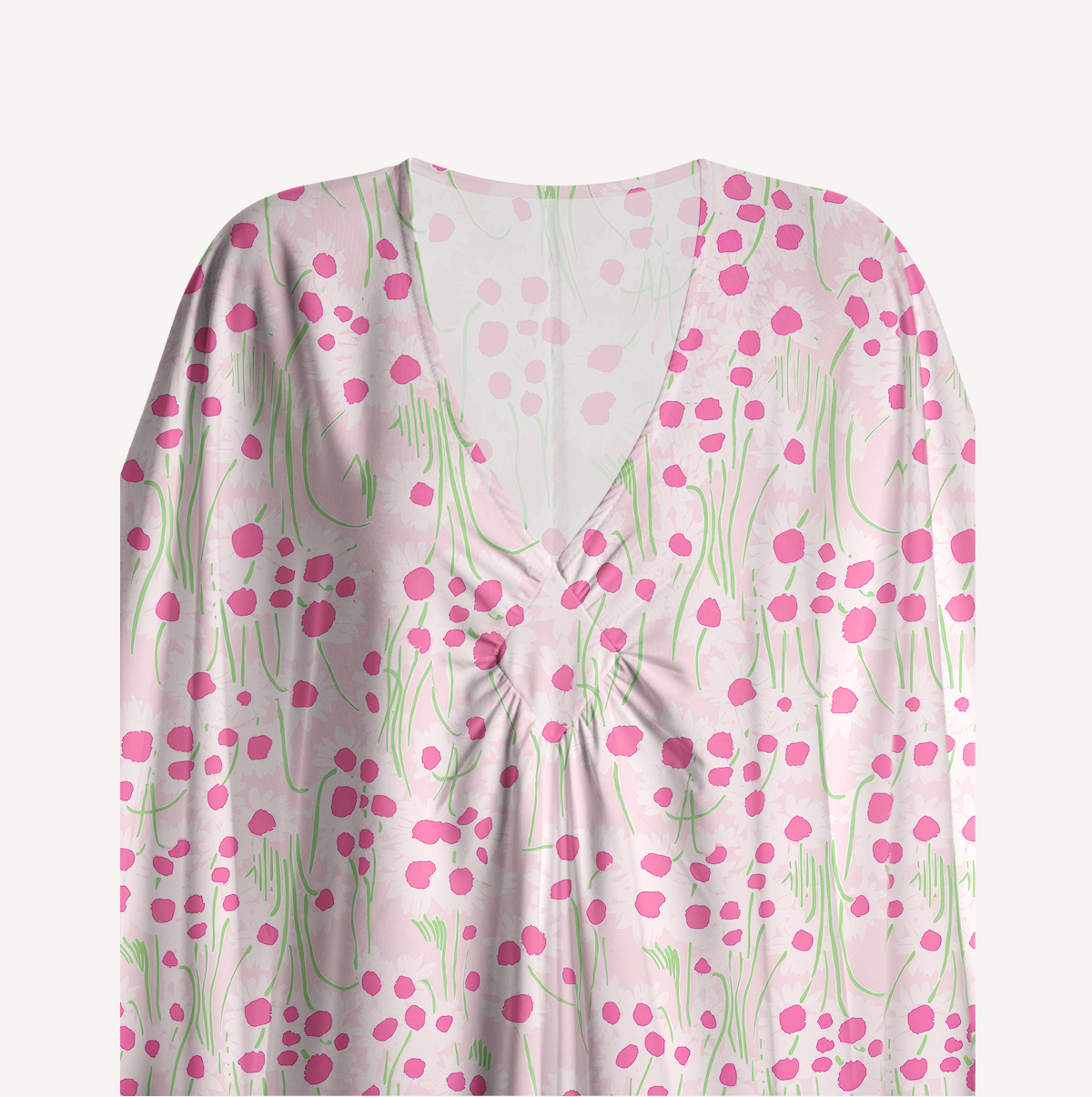  V‑Neck Pink Daisy Kimono Sleeve Kaftan Dress
