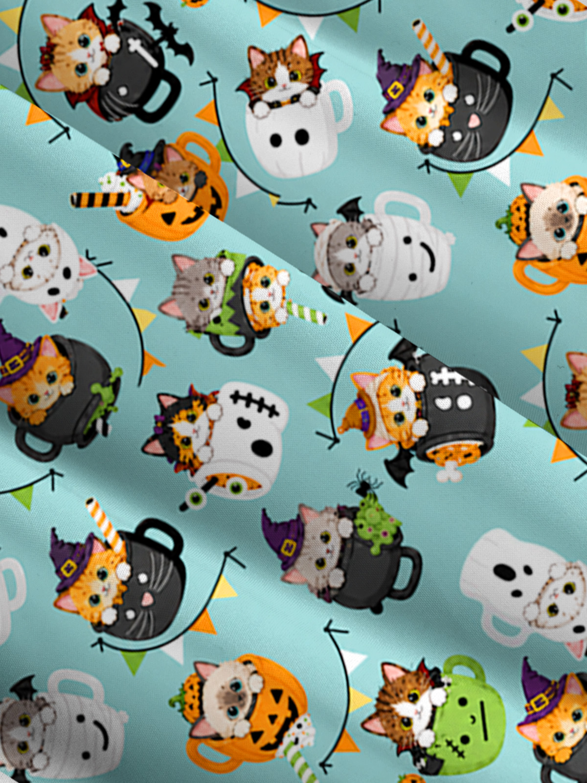 Mint Pumpkin Kitty Halloween Fun Print Wide Straps Maxi Dress With Pockets