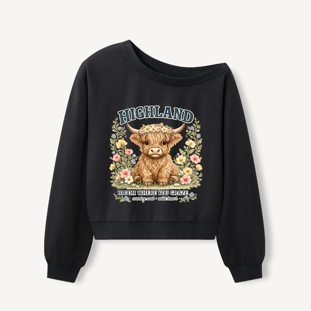 Highland Cow Wildflower Print Off Shoulder Sweatshirts 