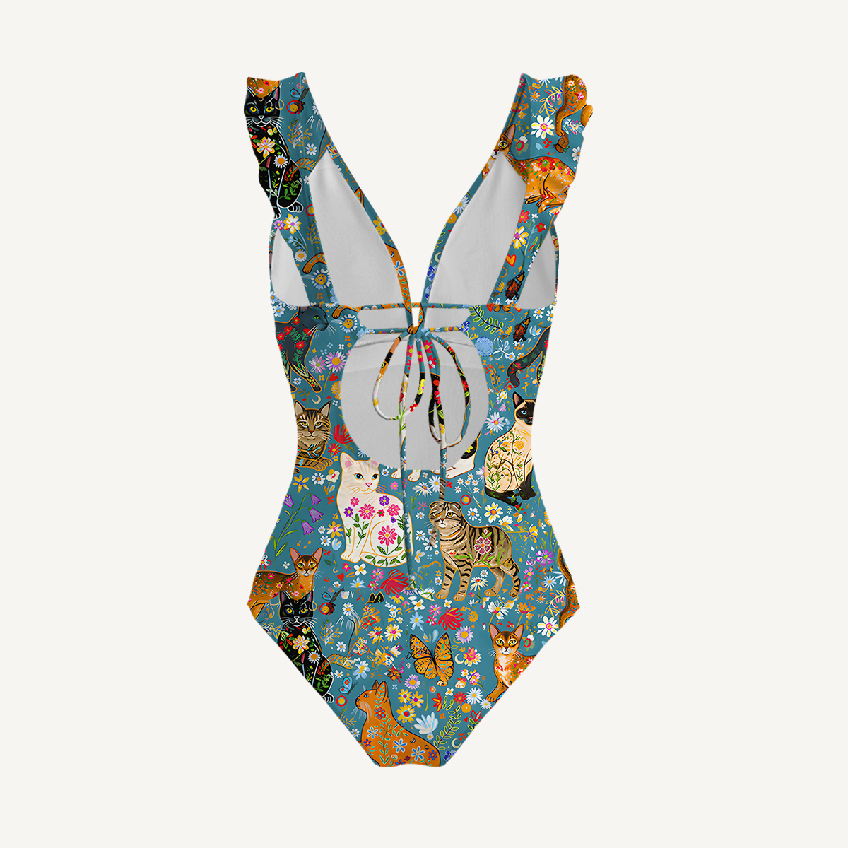 Colorful Garden Cat Patter Ruffled V Neck One Piece Swimsuit and Matching Midi Skirt Set