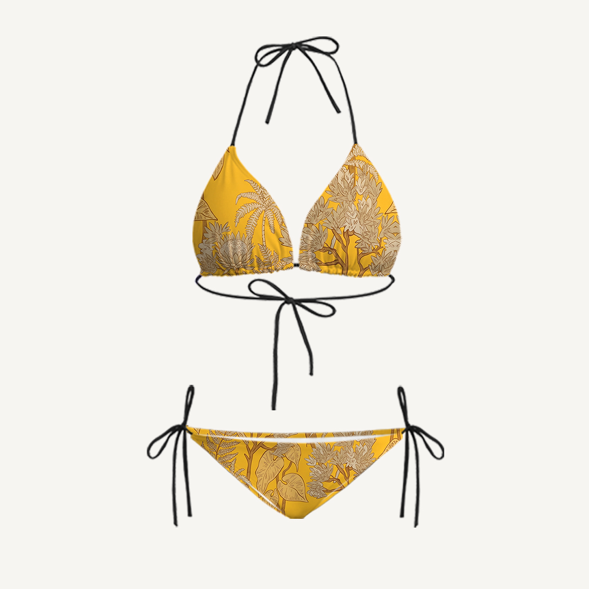 Golden Palm Tie Side Bikini Set with Matching Pants