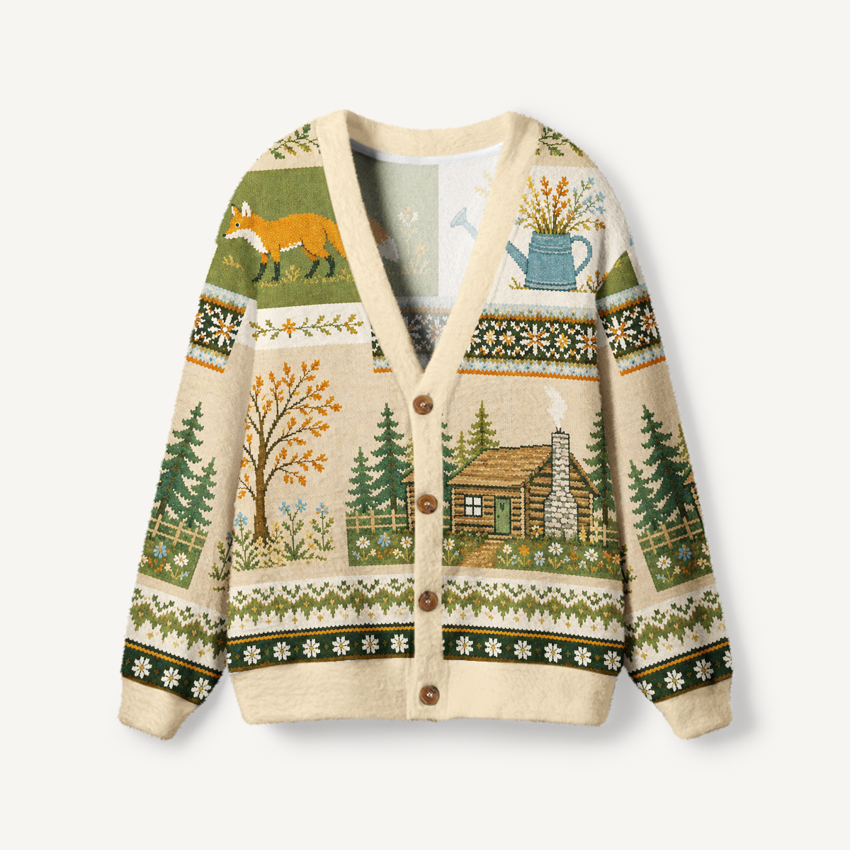 Forest Cabin Fox Garden Print Ugly Cardigan Sweaters