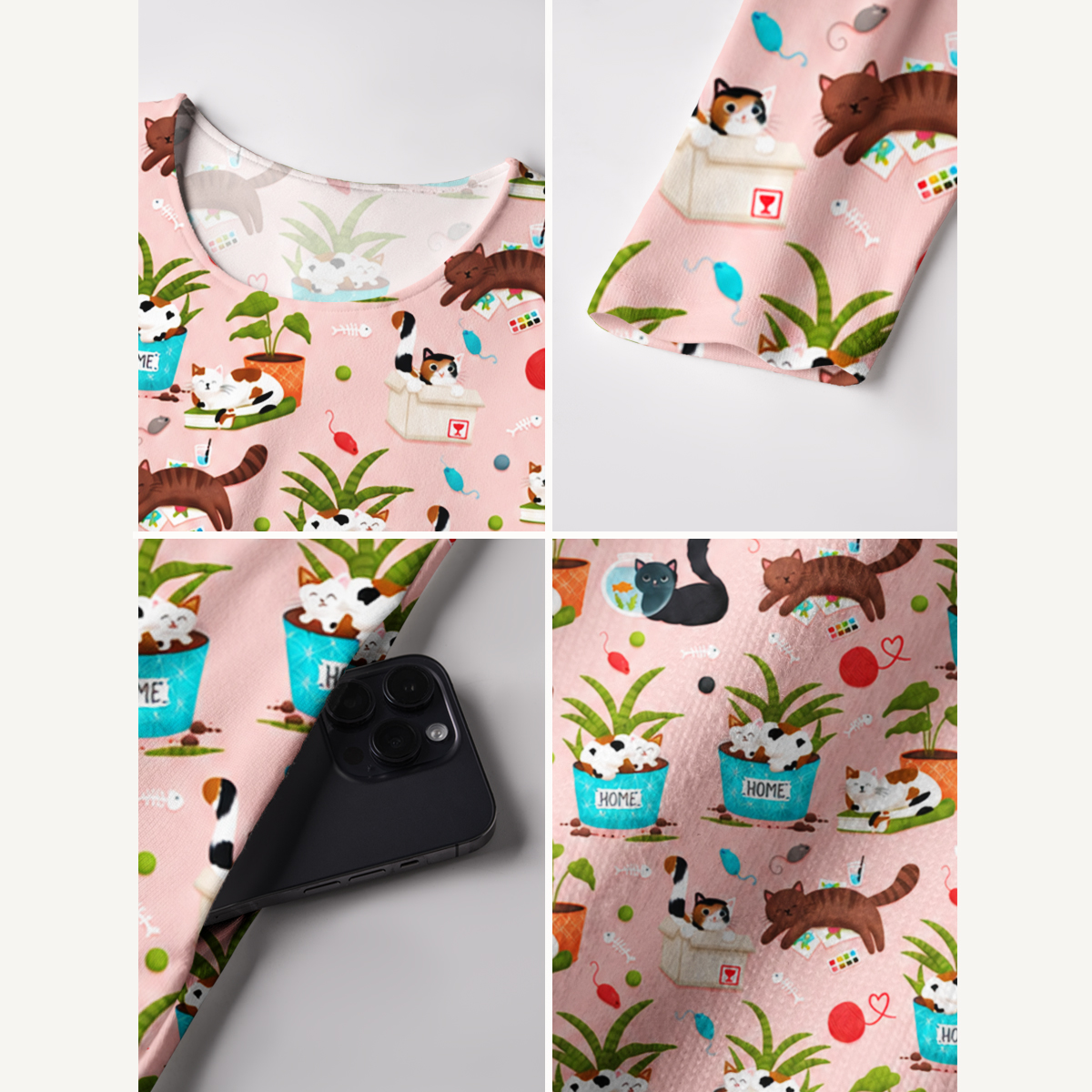 Cozy Cats, Plants & Yarn Print Soft-Touch Stretch Knit Long Sleeve Maxi Dress with Pockets