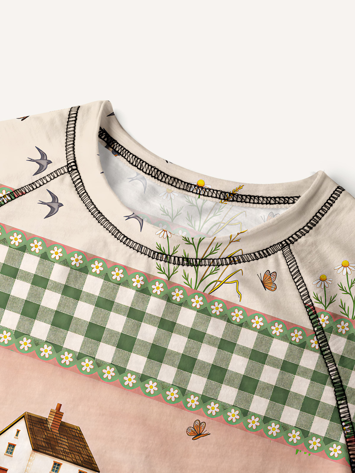 Pastoral Daydream Cottage All-Over Print Cotton Raglan Long Sleeve Top