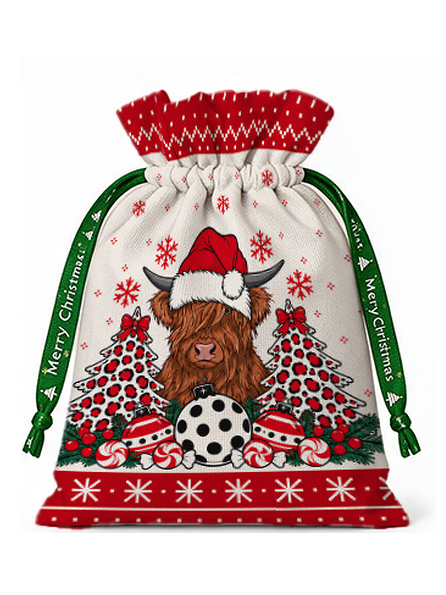 Christmas Highland Cow Reusable Drawstring Gift Bag