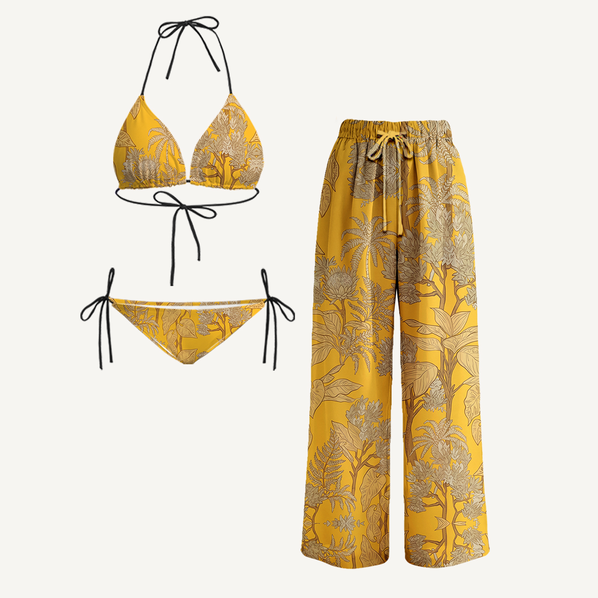 Golden Palm Tie Side Bikini Set with Matching Pants