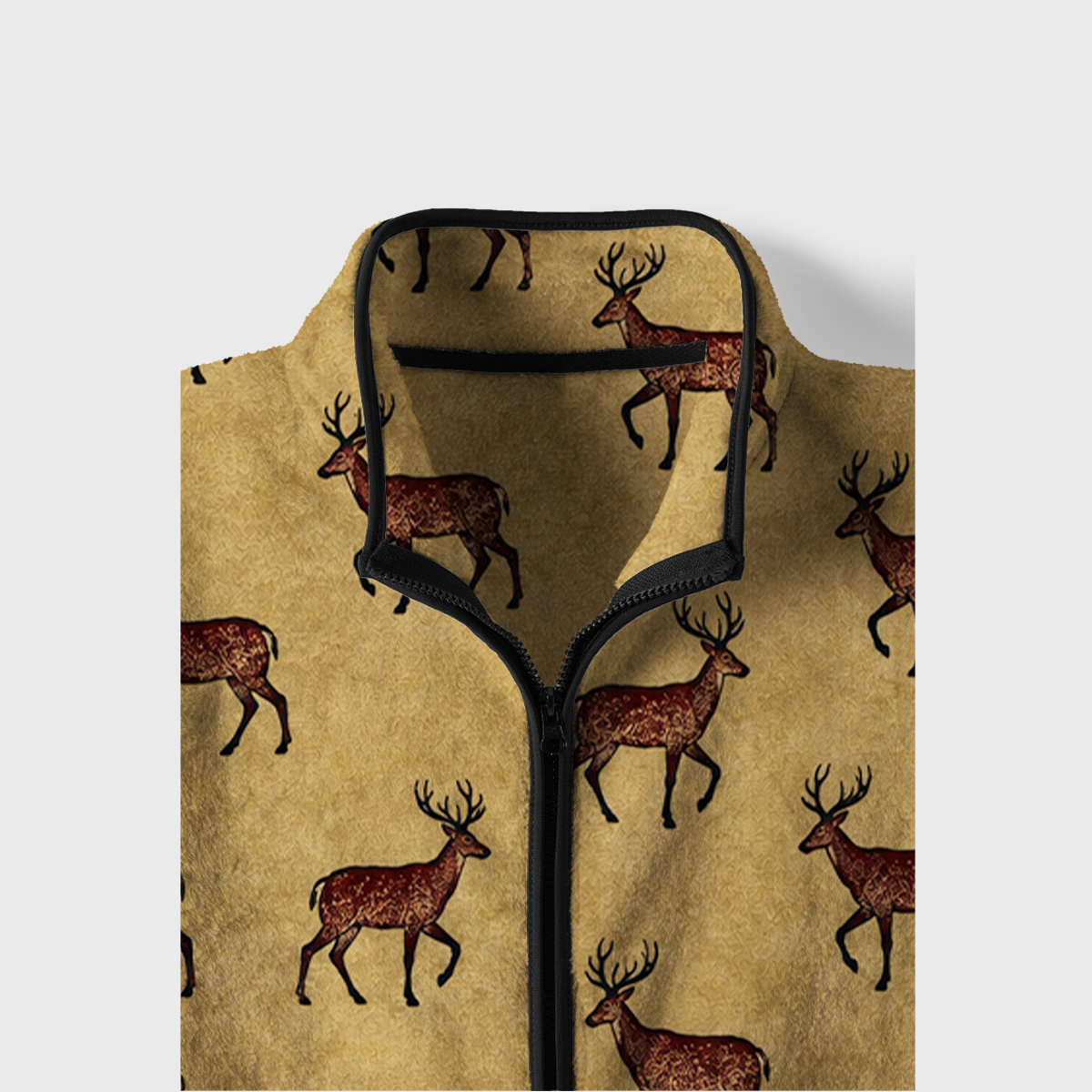 Vintage Deer Pattern Full Zip Stand Collar Fleece Jacket