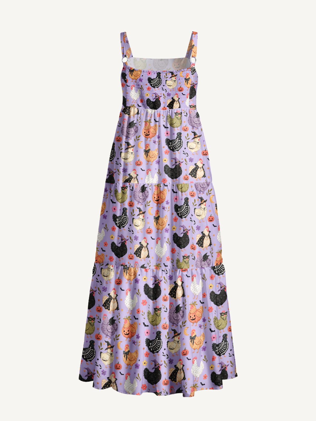  Witchy Halloween Hen & Pumpkin Print Wide Straps Maxi Dress With Pockets