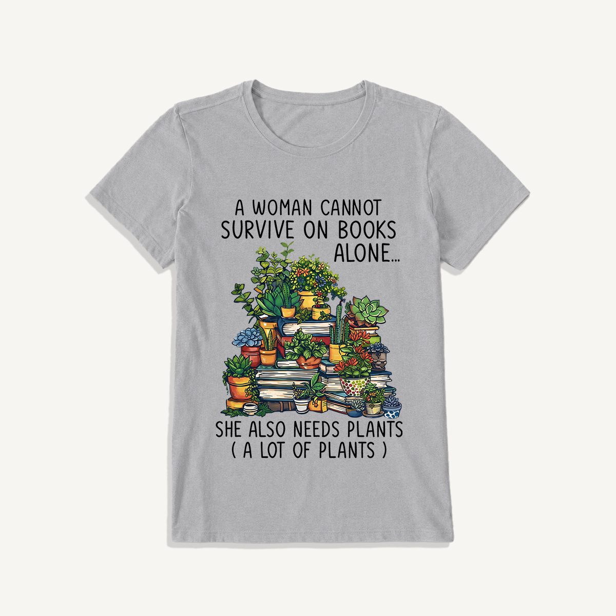 Books and Potted Plants Print Crew Neck Cotton Tee