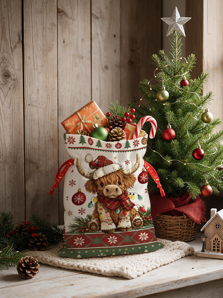 Highland Christmas Cow Reusable Drawstring Gift Bag
