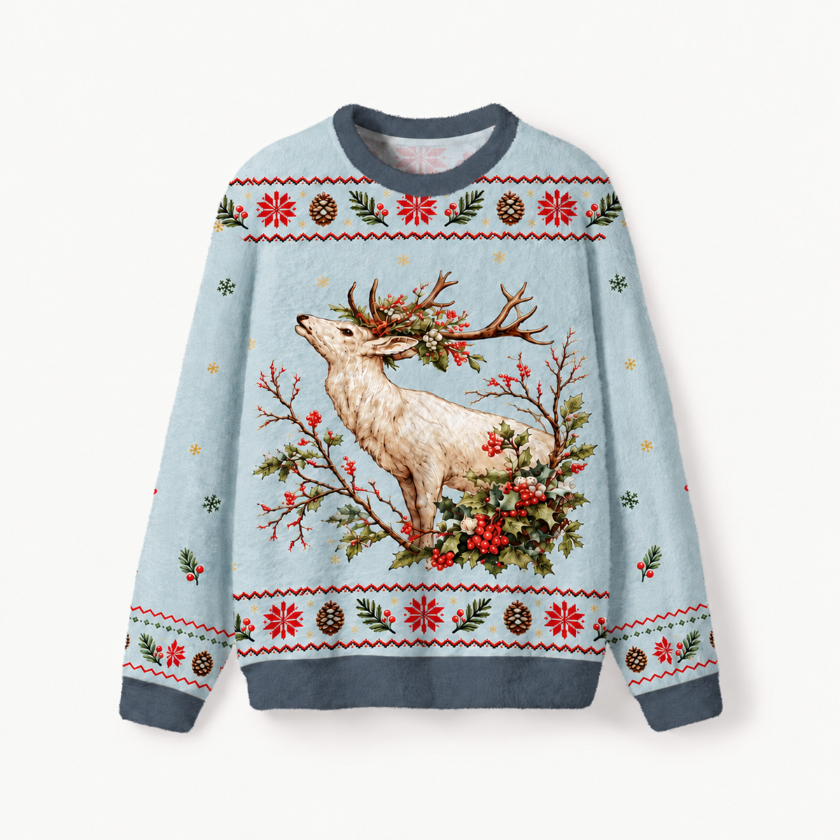 Christmas Holly-Crowned Reindeer Fuzzy Crewneck Sweater