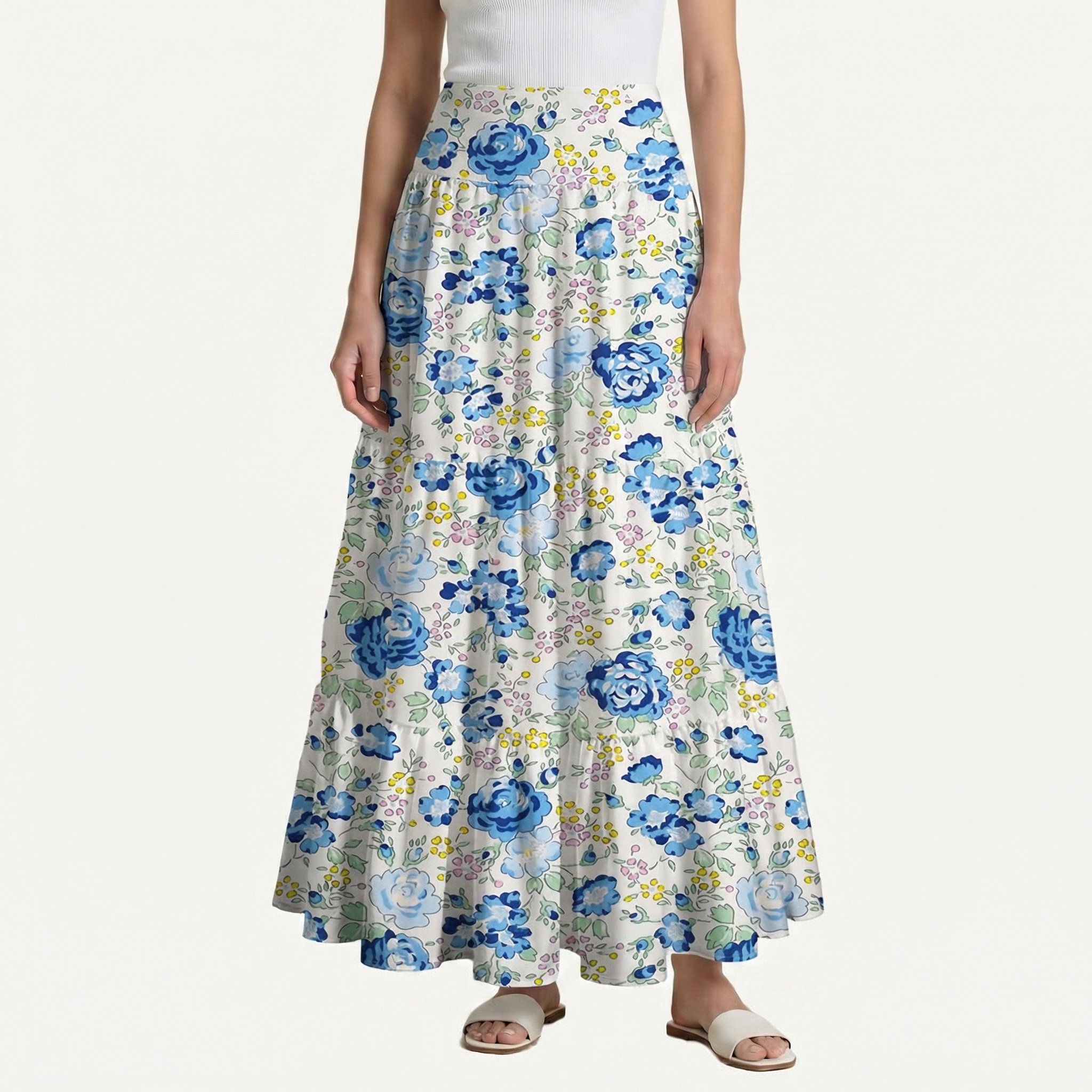 Blue Rose Floral Print Maxi Skirt