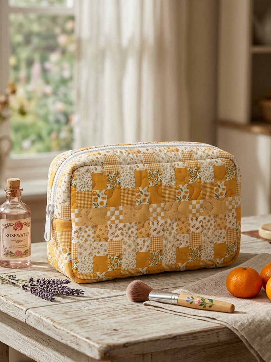 Lemon Sunshine Patchwork Print Cloud Quilted Cosmetic Pouch