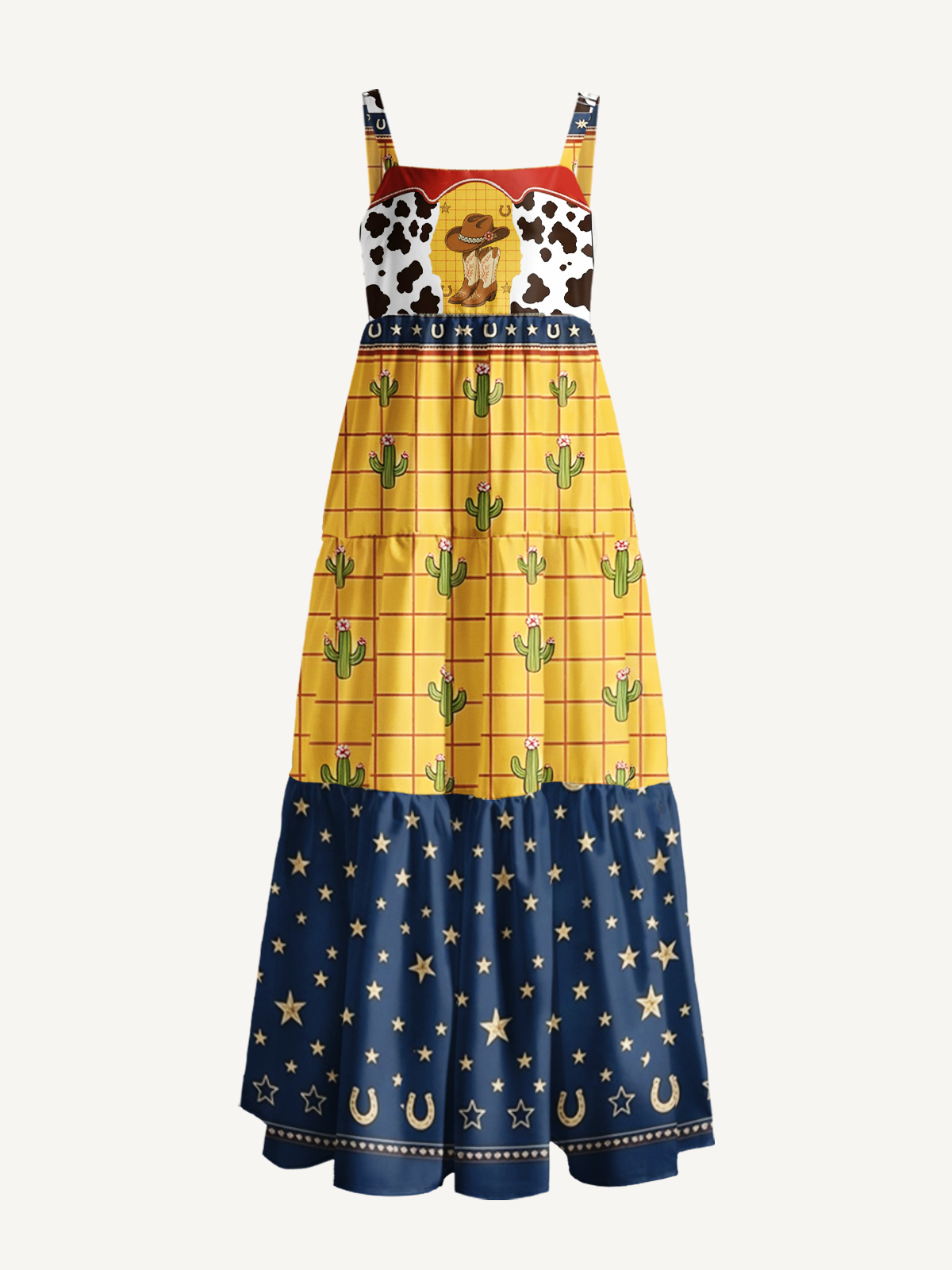 Western Cowboy Cactus Cow-Print Wide Straps Maxi Dress With Pockets