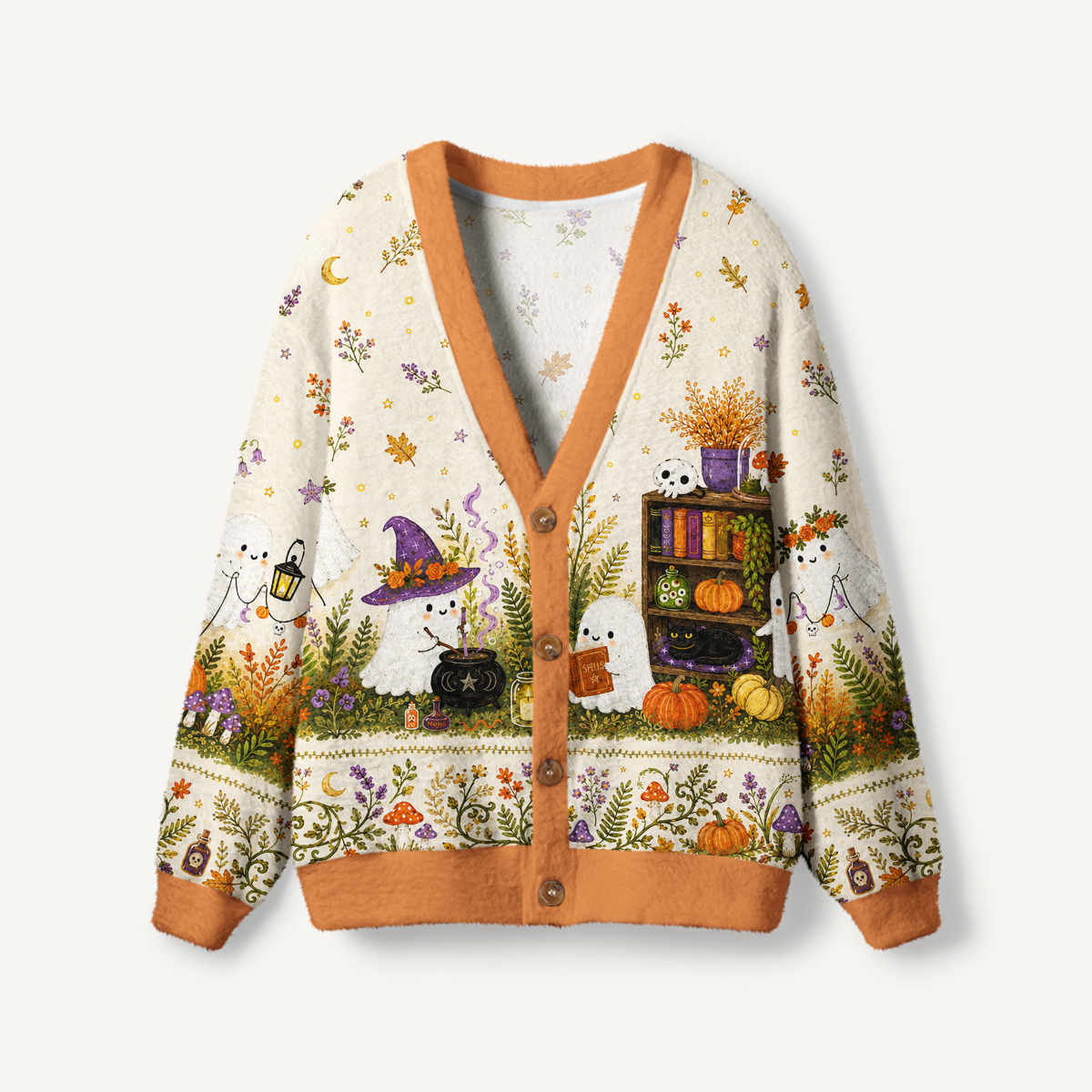 Ghostly Harvest Garden Print Halloween Ugly Cardigan Sweaters