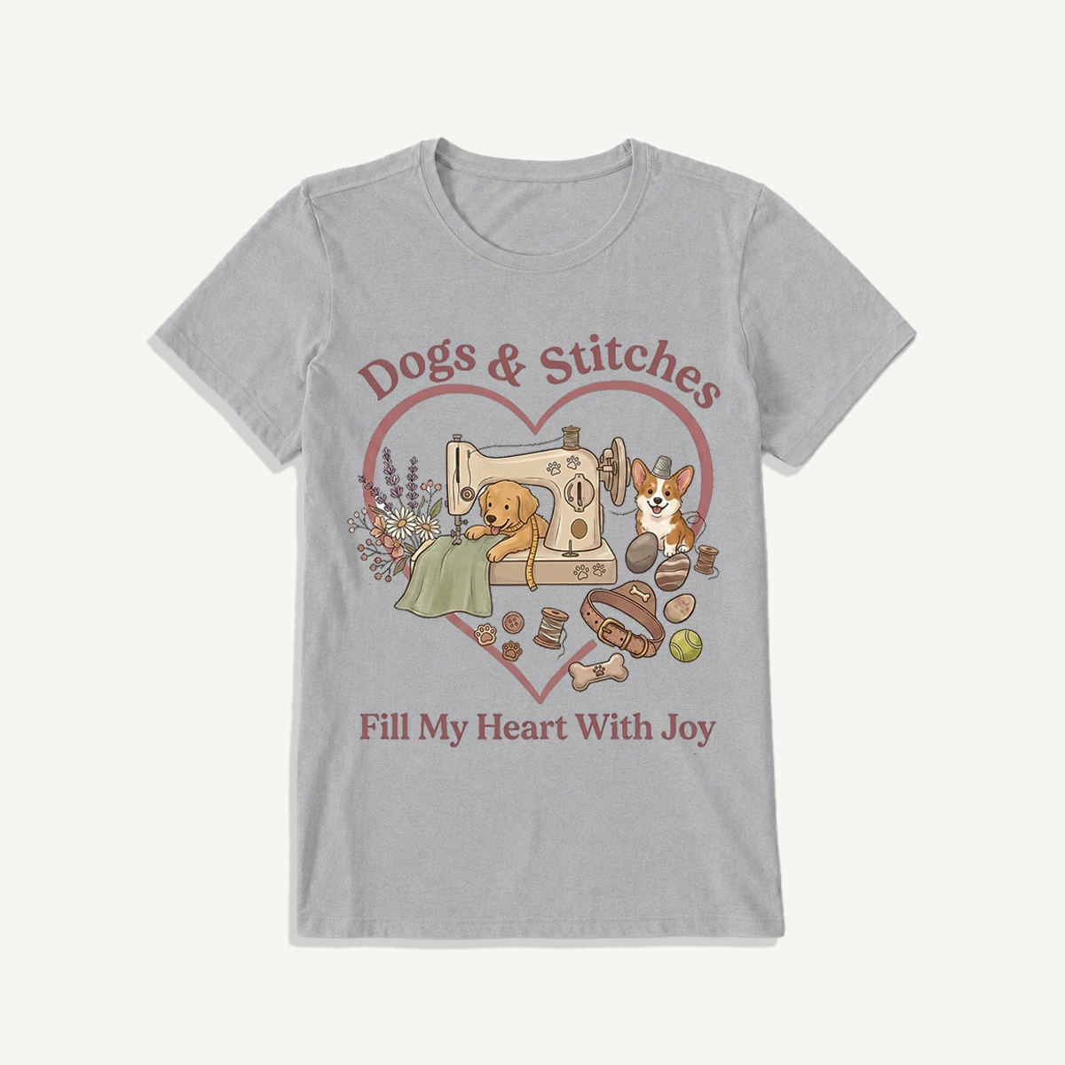 Puppy Stitches and Joy Print Crew Neck Cotton Tee