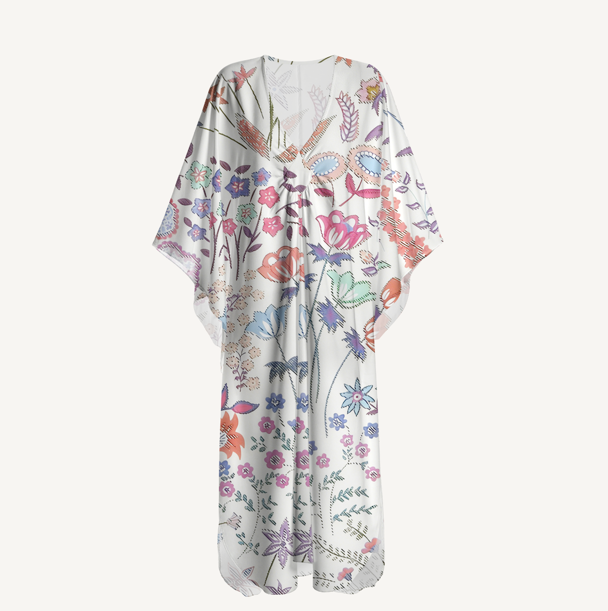  V‑Neck Bohemian Wildflower Garden Kimono Sleeve Kaftan Dress
