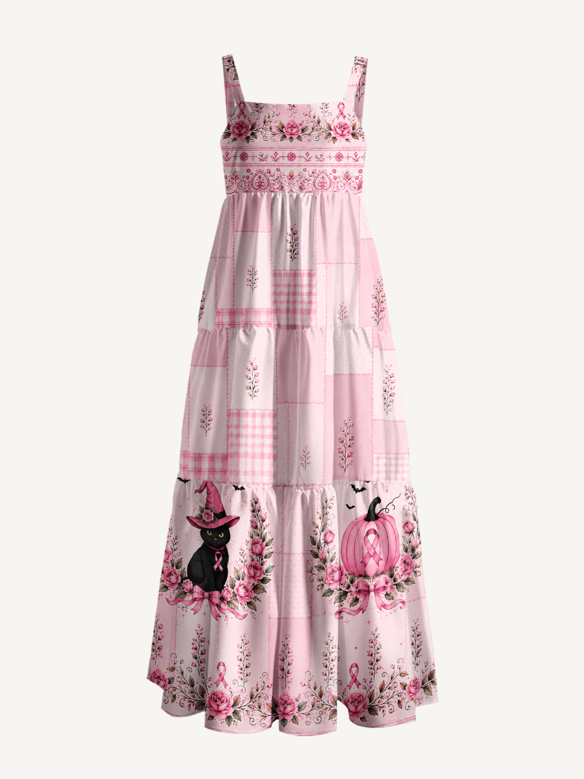 Rose Patchwork Witchy Cat Print Wide Straps Maxi Dress With Pockets
