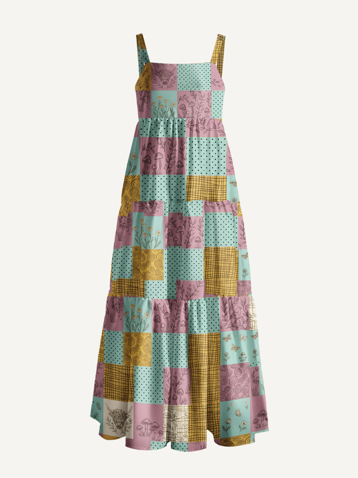 Vintage Patchwork Botanical Print Wide Straps Maxi Dress With Pockets