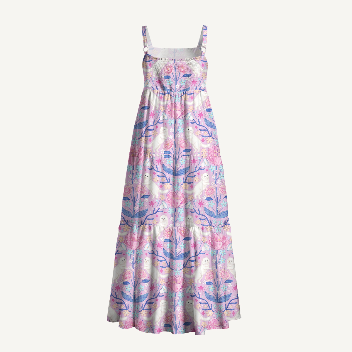Cute White Cat Print Wide Straps Maxi Dress With Pockets