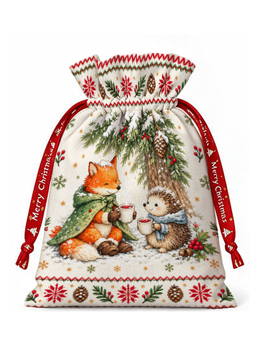 Cozy Winter Fox & Hedgehog Reusable Christmas Drawstring Gift Bag