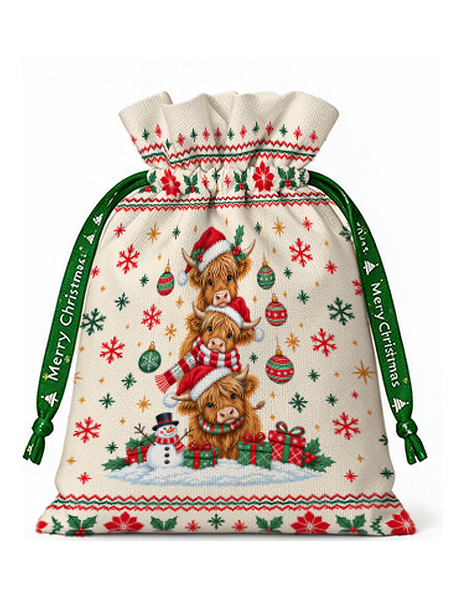 Stacked Highland Cow Christmas Reusable Drawstring Gift Bag