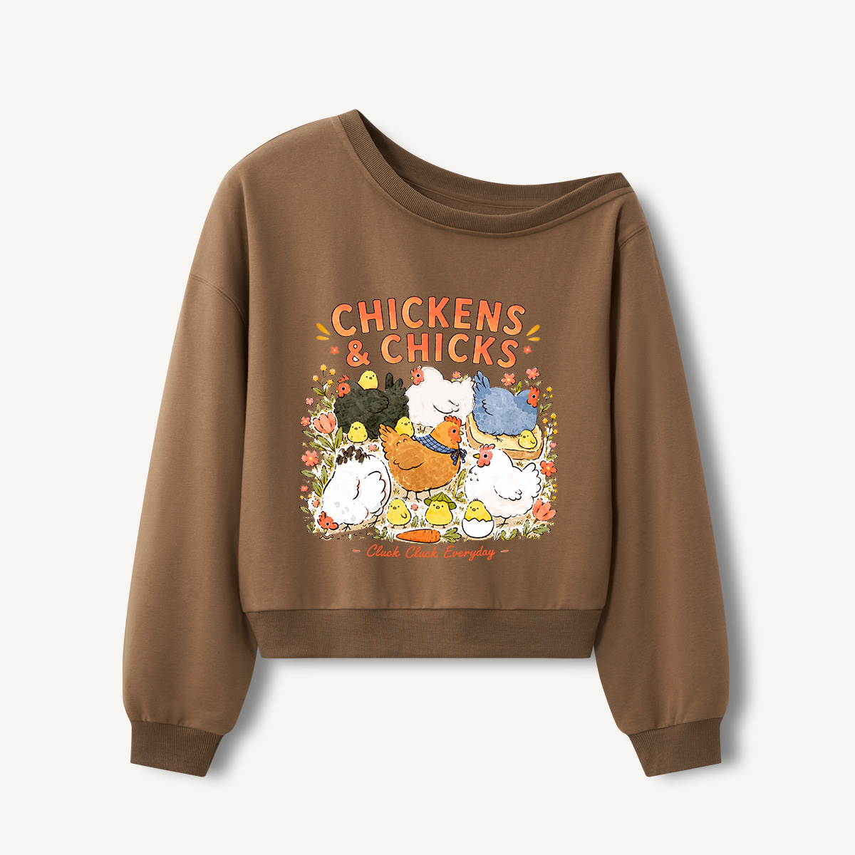 Cluck Cluck Everyday Print Off Shoulder Sweatshirts 