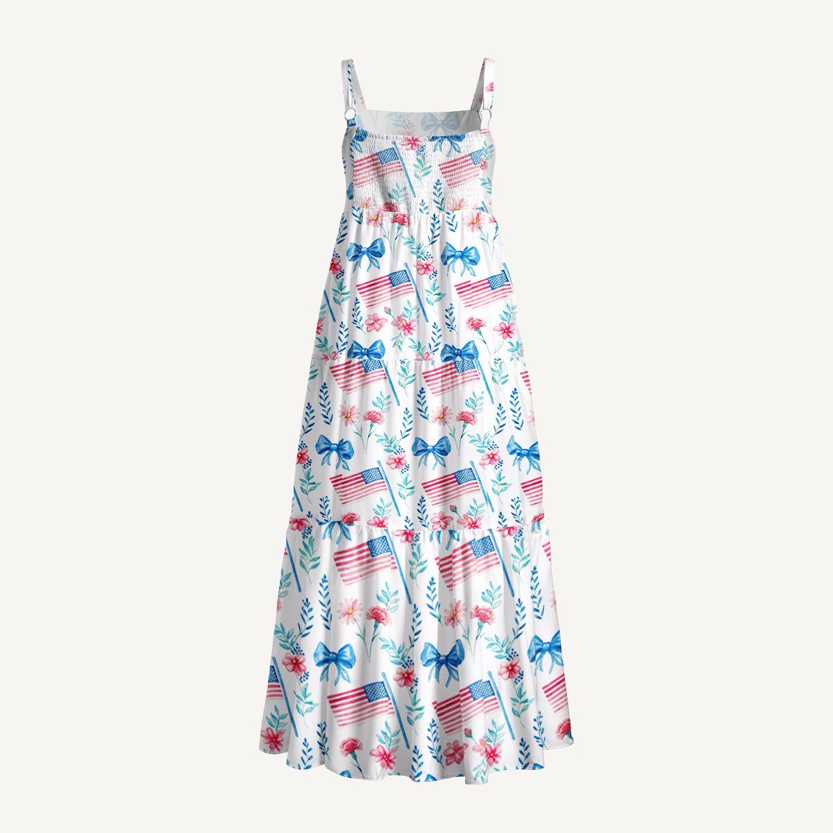 Pastel USA Flag Print Quilt Wide Straps Maxi Dress With Pockets