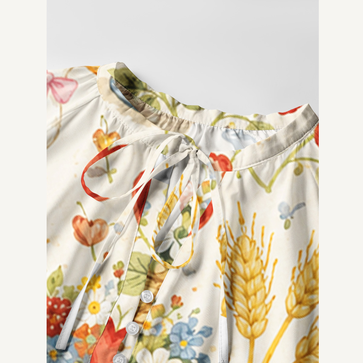 Rustic Duck Meadow Print Boho Tie‑Neck Smock Mini Dress