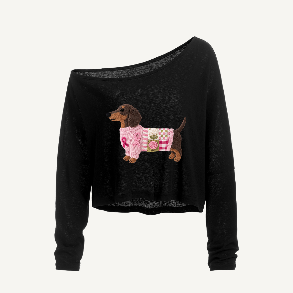 Pink Ribbon Breast Cancer Dachshund Patchwork Long Sleeve Off Shoulder T-shirt