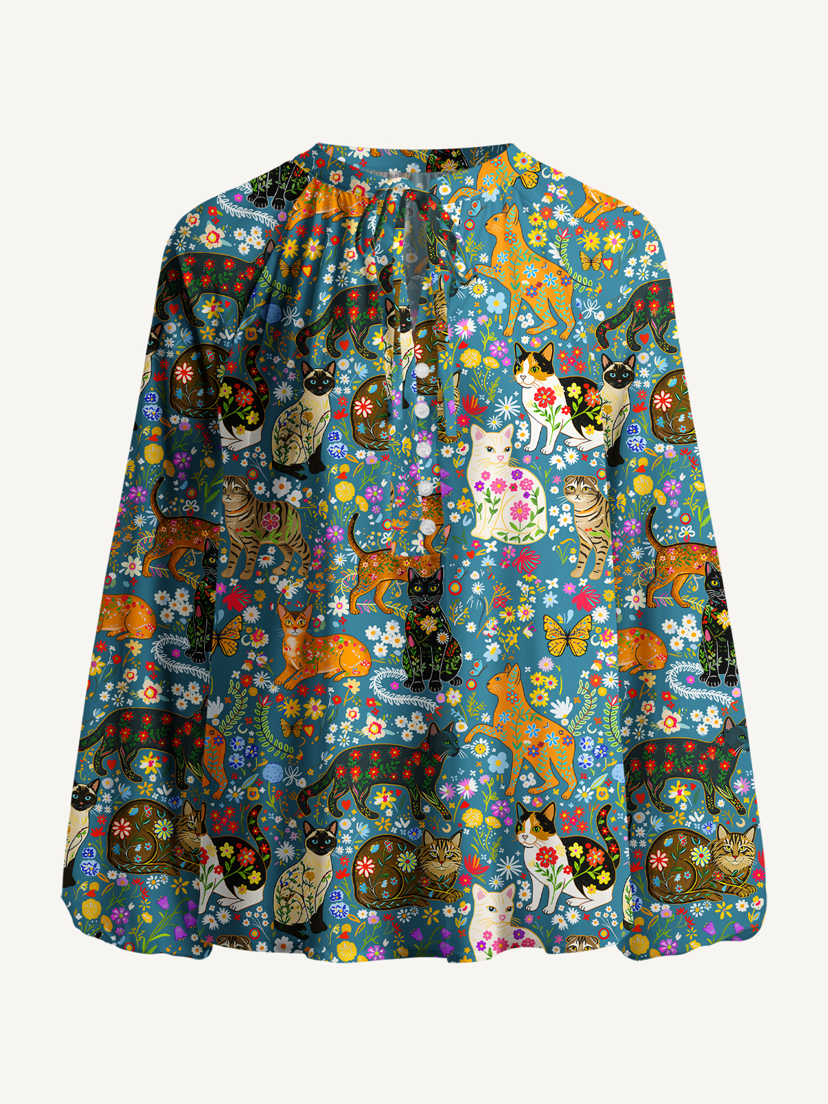 Colorful Garden Cat Pattern Print Boho Long Sleeve Tie‑Neck Smock Shirt