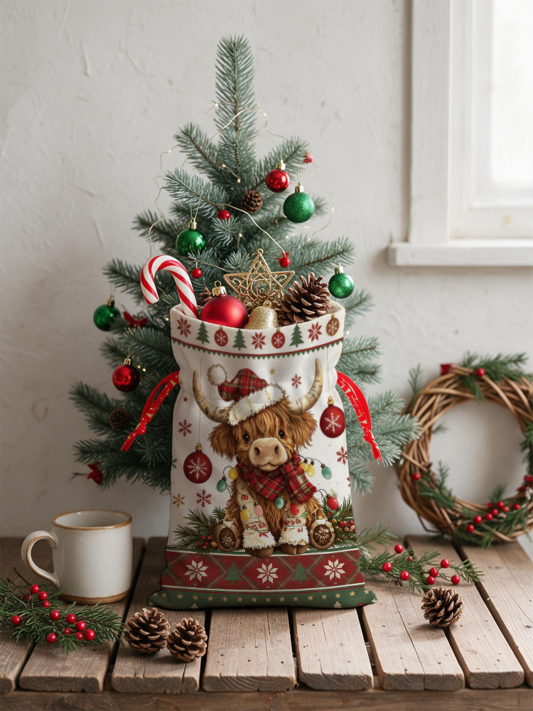 Highland Christmas Cow Reusable Drawstring Gift Bag