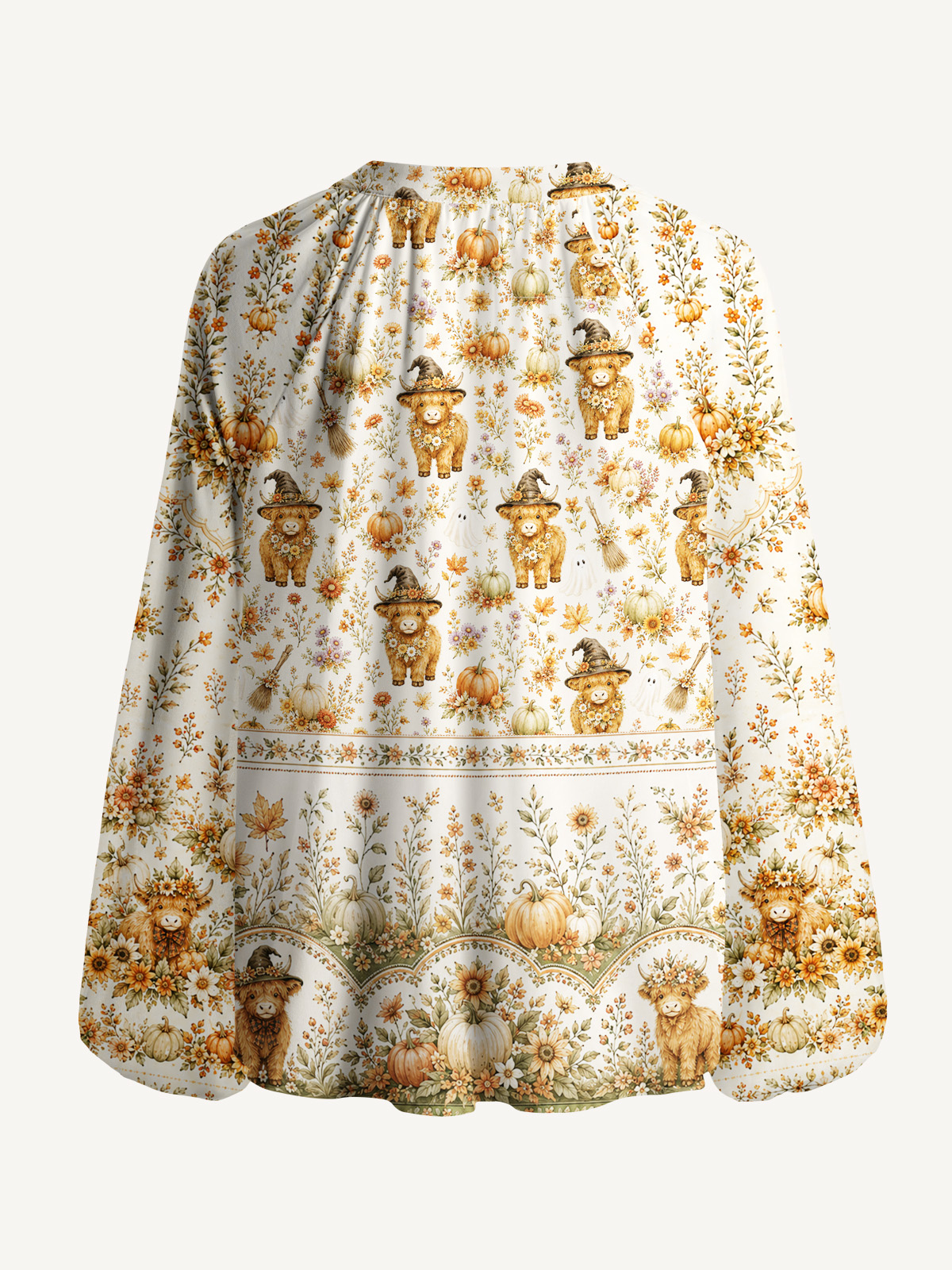 Autumn Pumpkin Patch Highland Cow Print Boho Long Sleeve Tie‑Neck Blouse