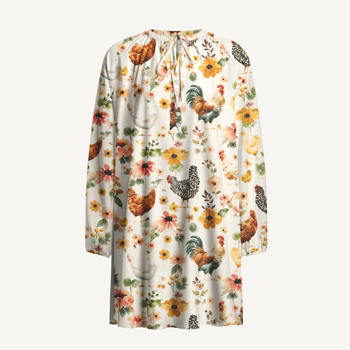 Watercolor Chicken Floral Print Boho Tie‑Neck Smock Mini Dress