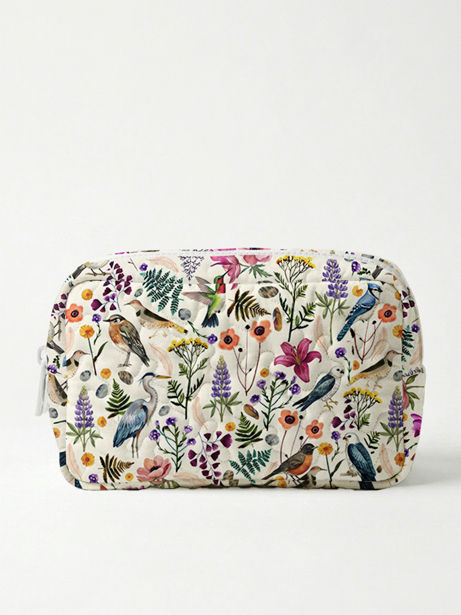 Whimsical Woodland Birds Wildflowers Print Cloud Quilted Cosmetic Pouch
