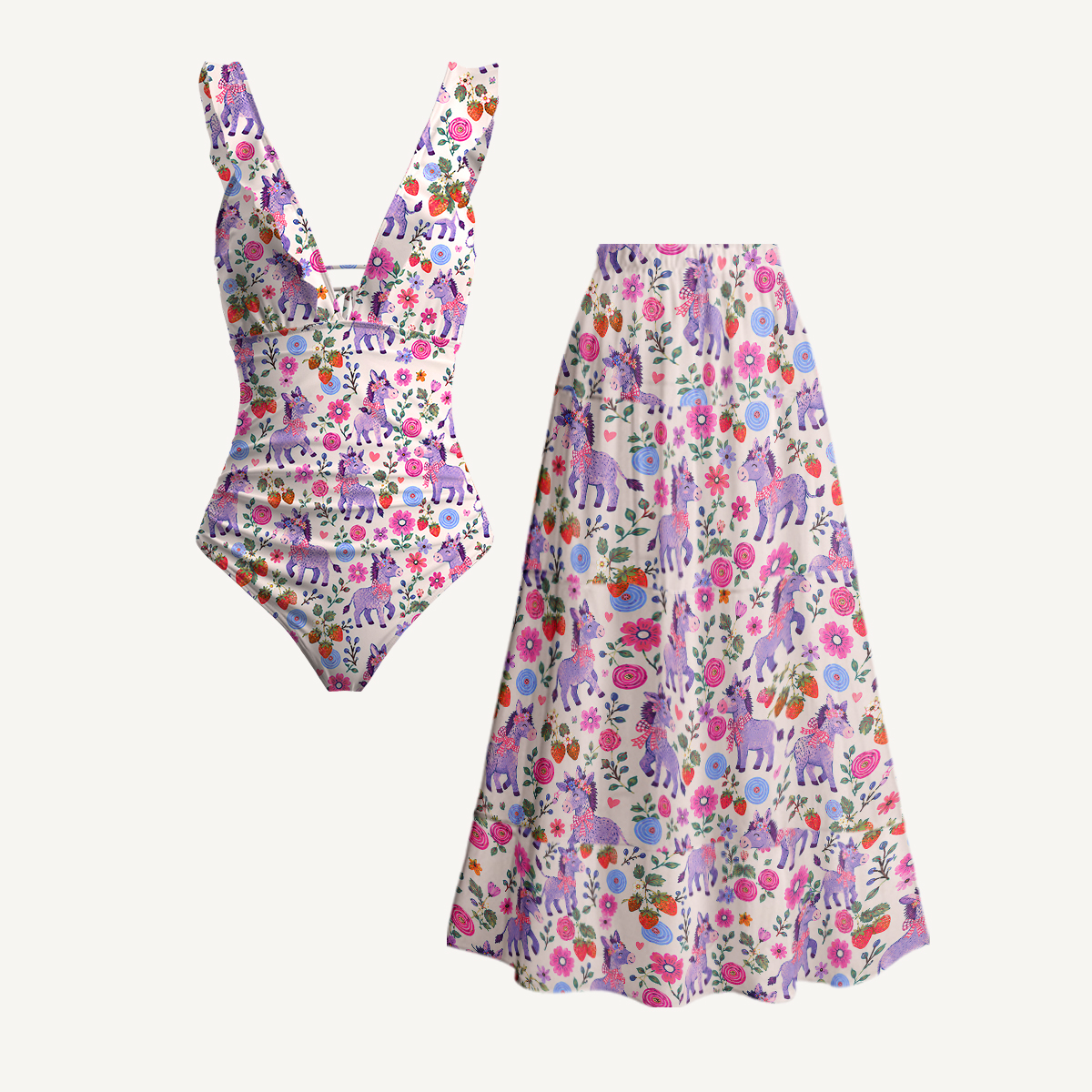 Strawberry Blossom Donkeys Ruffled V Neck One Piece Swimsuit and Matching Midi Skirt Set