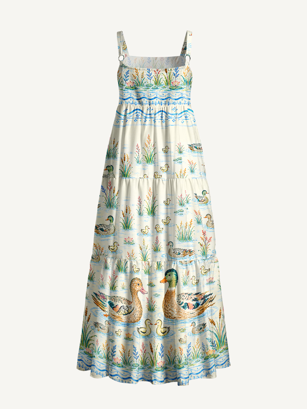 Little Duckling Water Ripples Print Wide Straps Maxi Dress With Pockets