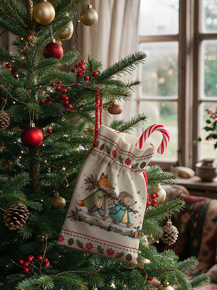Christmas Fox & Hedgehog Reusable Drawstring Gift Bag