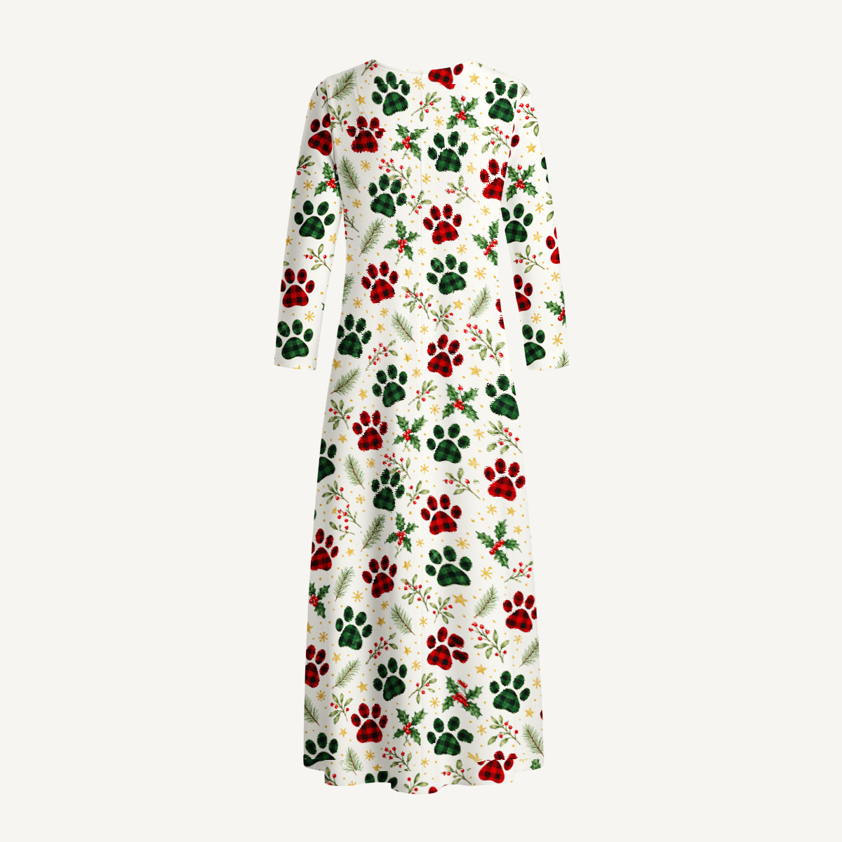 Merry Christmas Cat Paws Print Soft-Touch Stretch Knit Long Sleeve Maxi Dress with Pockets
