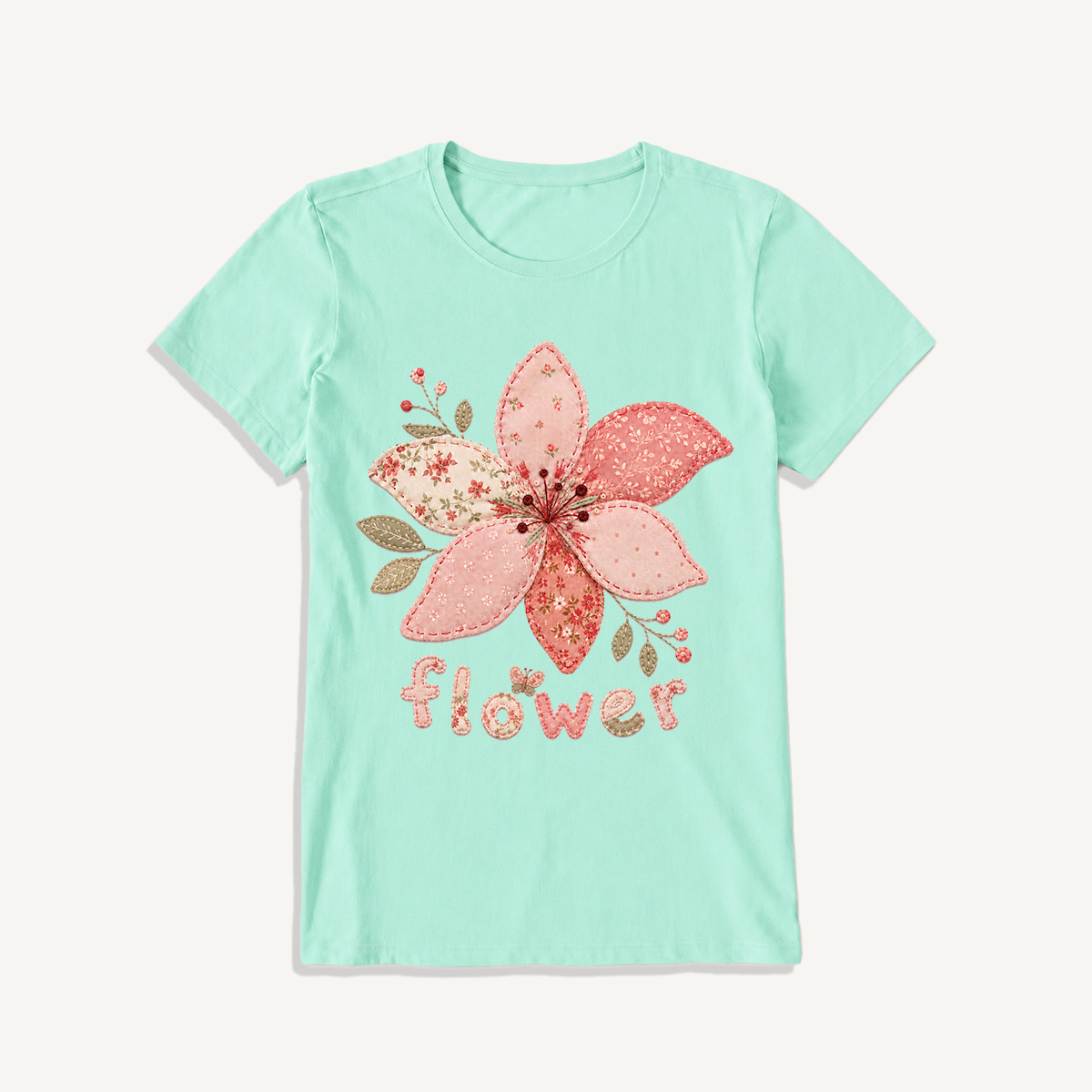 Blush Patchwork Flower Print Crew Neck Cotton Tee