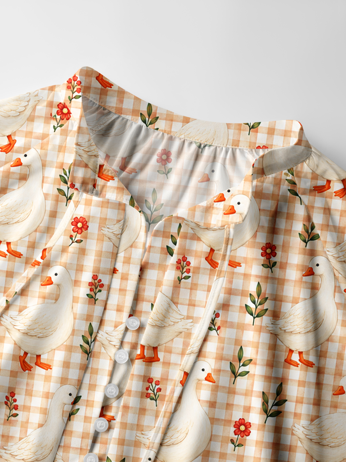Country Gingham Garden GeesePrint Boho Long Sleeve Tie‑Neck Blouse