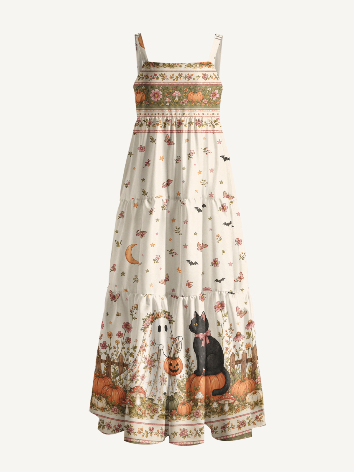 Garden Pumpkin Cat & Ghost Print Wide Straps Maxi Dress With Pockets