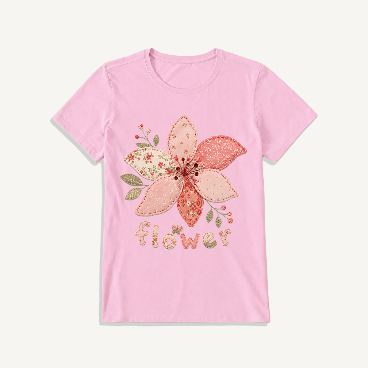 Blush Patchwork Flower Print Crew Neck Cotton Tee