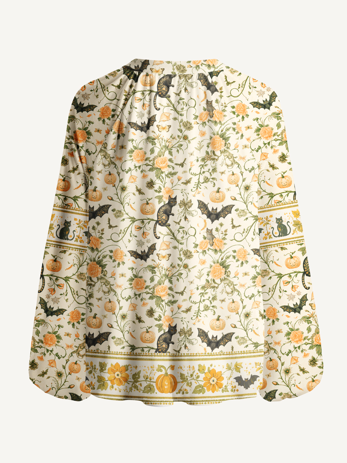 Pastoral Pumpkin Cat Print Boho Long Sleeve Tie‑Neck Blouse