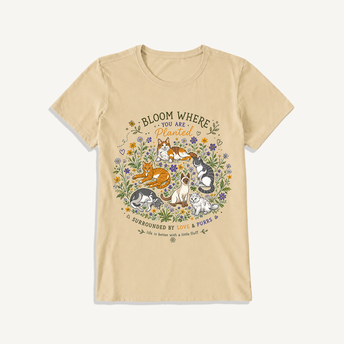 Blooming Cats & Wildflowers Print Crew Neck Cotton Tee