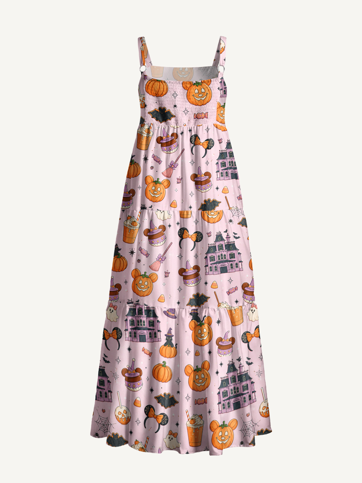 Pink Halloween Pumpkin Manor Print Wide Straps Maxi Dress With Pockets