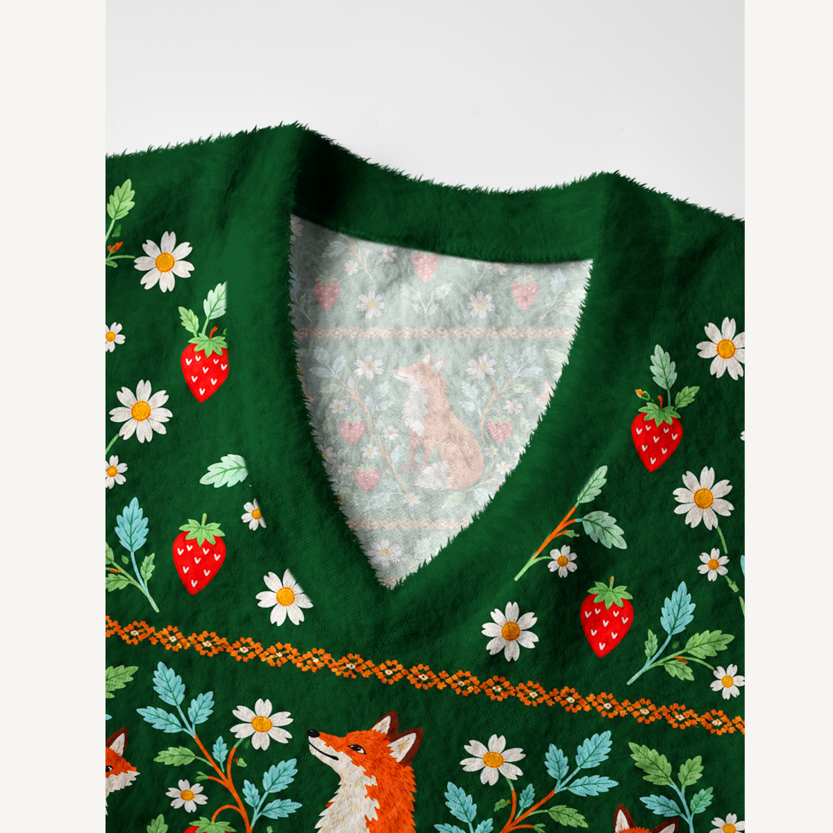 Whimsical Woodland Fox & Strawberry V-Neck Sweater Vest
