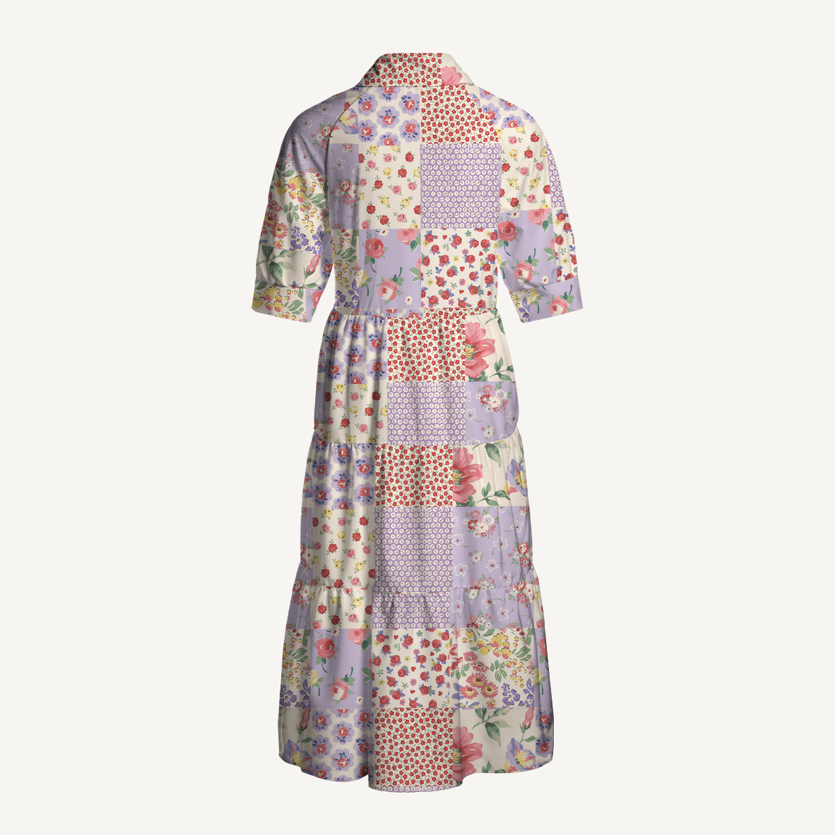 V Neck Collared Country Patchwork Floral Print Quilt Print Casual Midi Dress With Pockets