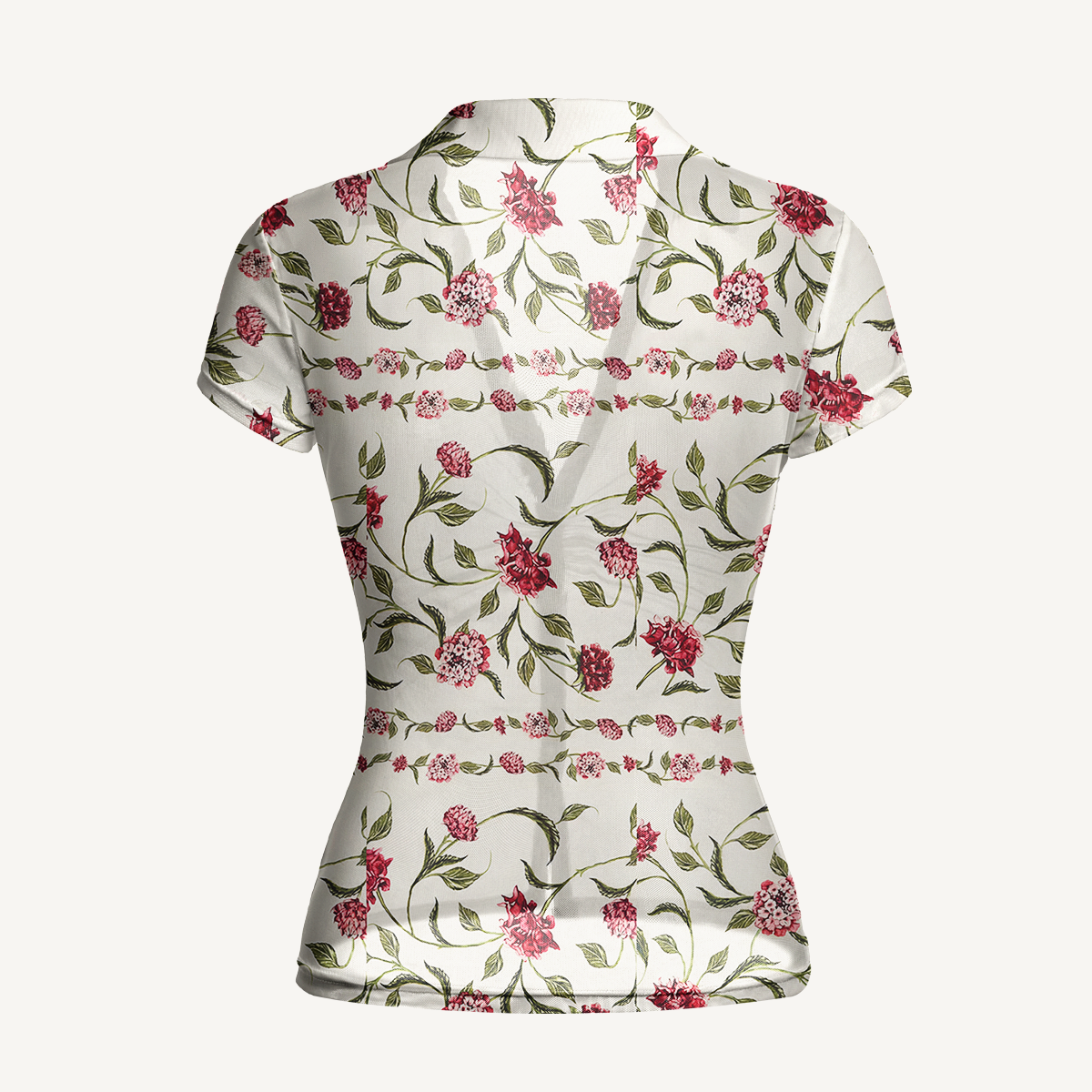 V-Neck Short Sleeve Red Floral Print Mesh Top